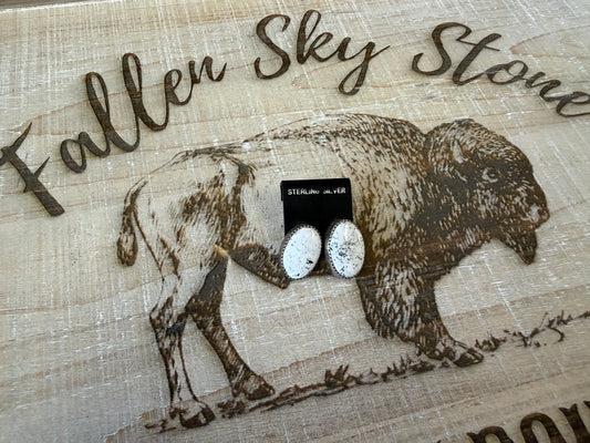 Magnesite Stud Earrings Sterling Silver | White with Black Matrix Oval Posts | Southwestern Handmade Jewelry