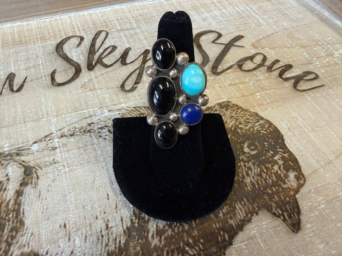 Sterling Silver Onyx Turquoise Lapis Cluster Ring Size 6, Long Multi Stone Statement Ring, Silver Bead Accents, Southwestern Ring