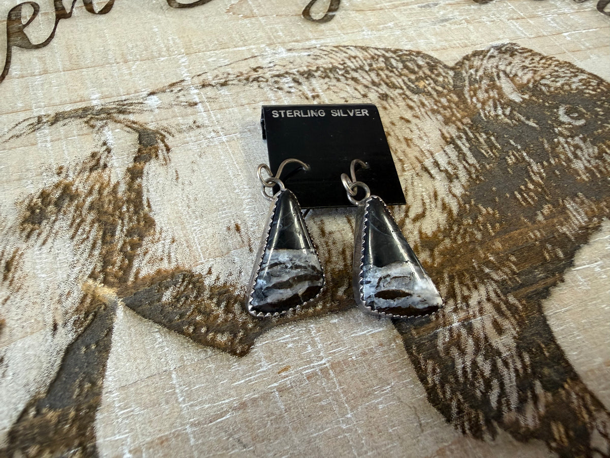 White Buffalo Teardrop Earrings Sterling Silver | Black & White Matrix Dangle Earrings | Southwestern Handmade Jewelry