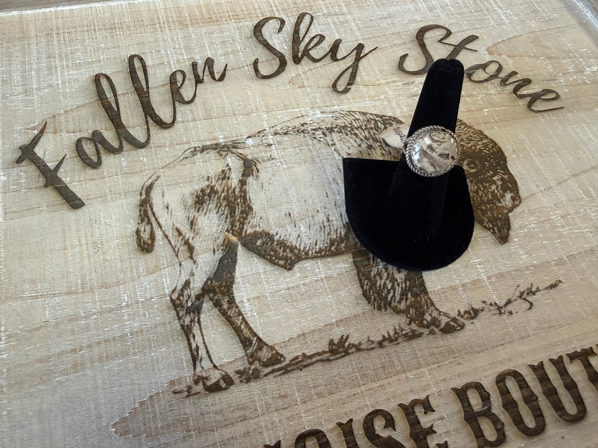 Sterling Silver White Buffalo Ring Size 6.5, Round Cream Gray Stone, Rope Twist Bezel, Southwestern Statement Ring, Gift for Her