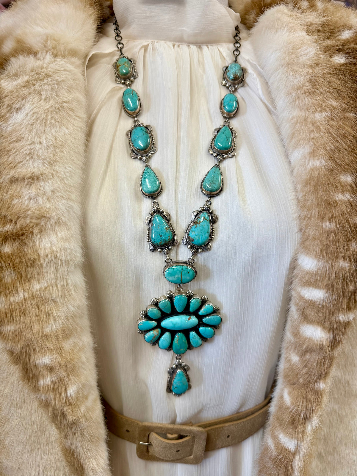 Navajo Squash Blossom Necklace Set Sterling Silver | Royston Turquoise by Eli Skeets | Handmade Statement Jewelry with Matching Earrings