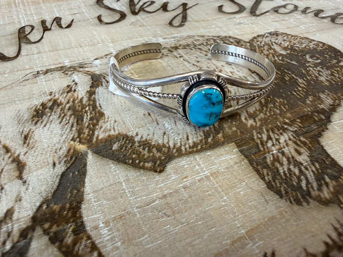 Kingman Turquoise Cuff Bracelet Sterling Silver | Split Shank with Twisted Rope | Southwestern Statement Cuff