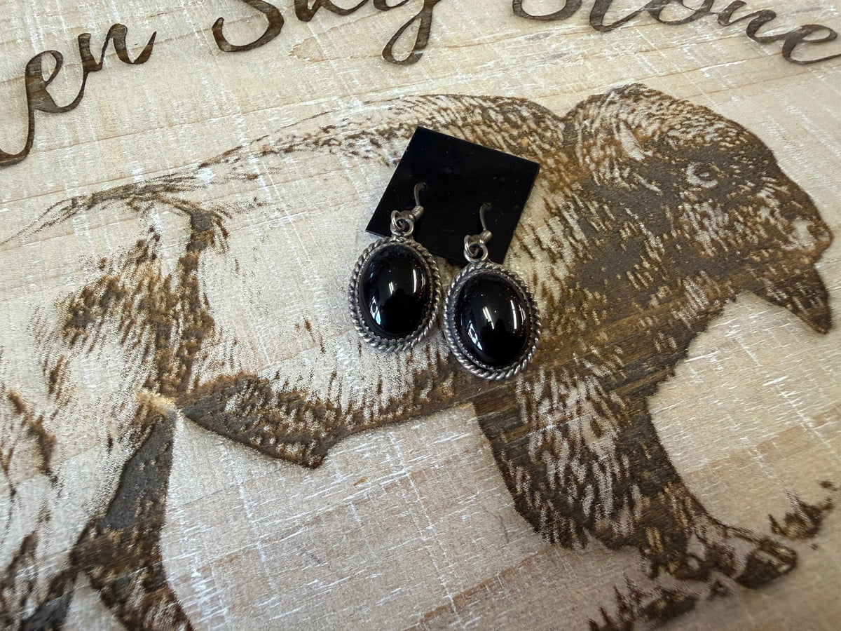 Black Onyx Oval Dangle Earrings Sterling Silver | Twisted Wire Bezel | Southwestern Handmade Jewelry