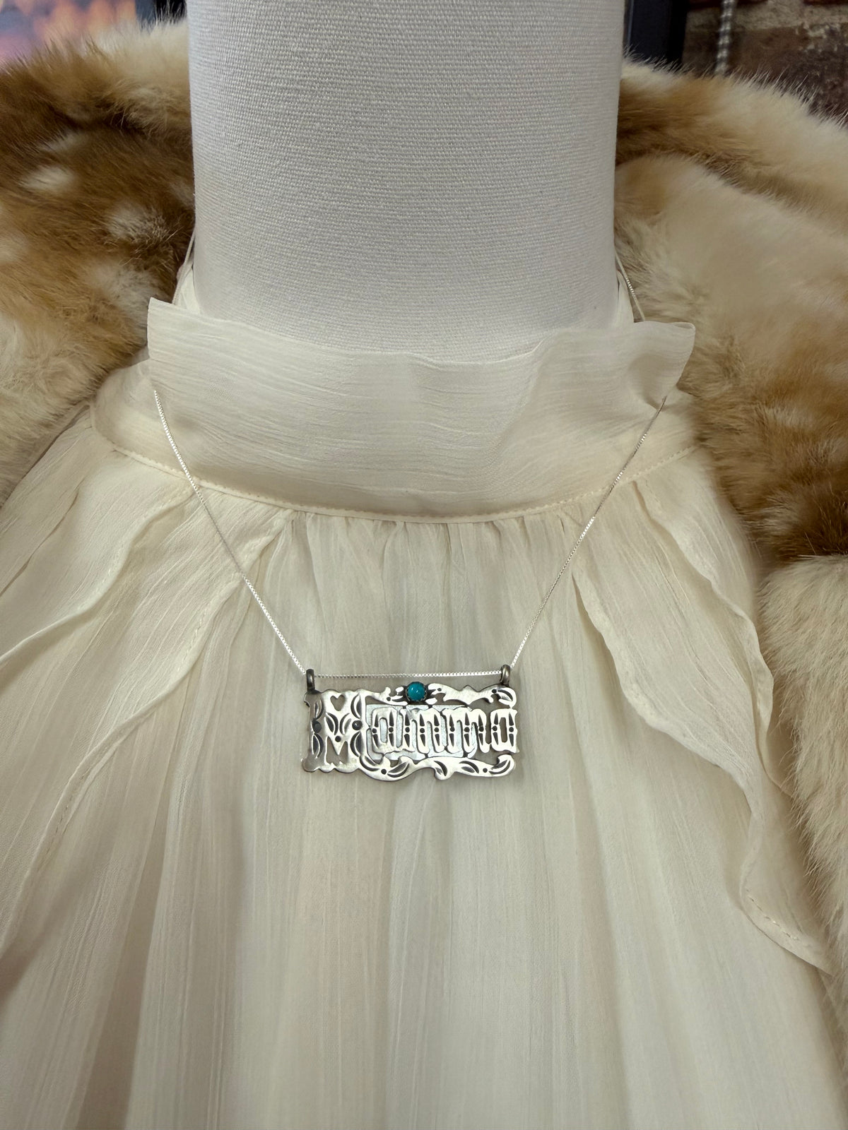 Mama Nameplate Necklace Sterling Silver with Kingman Turquoise | Navajo Handmade by Jerome Lee | Southwestern Mom Jewelry