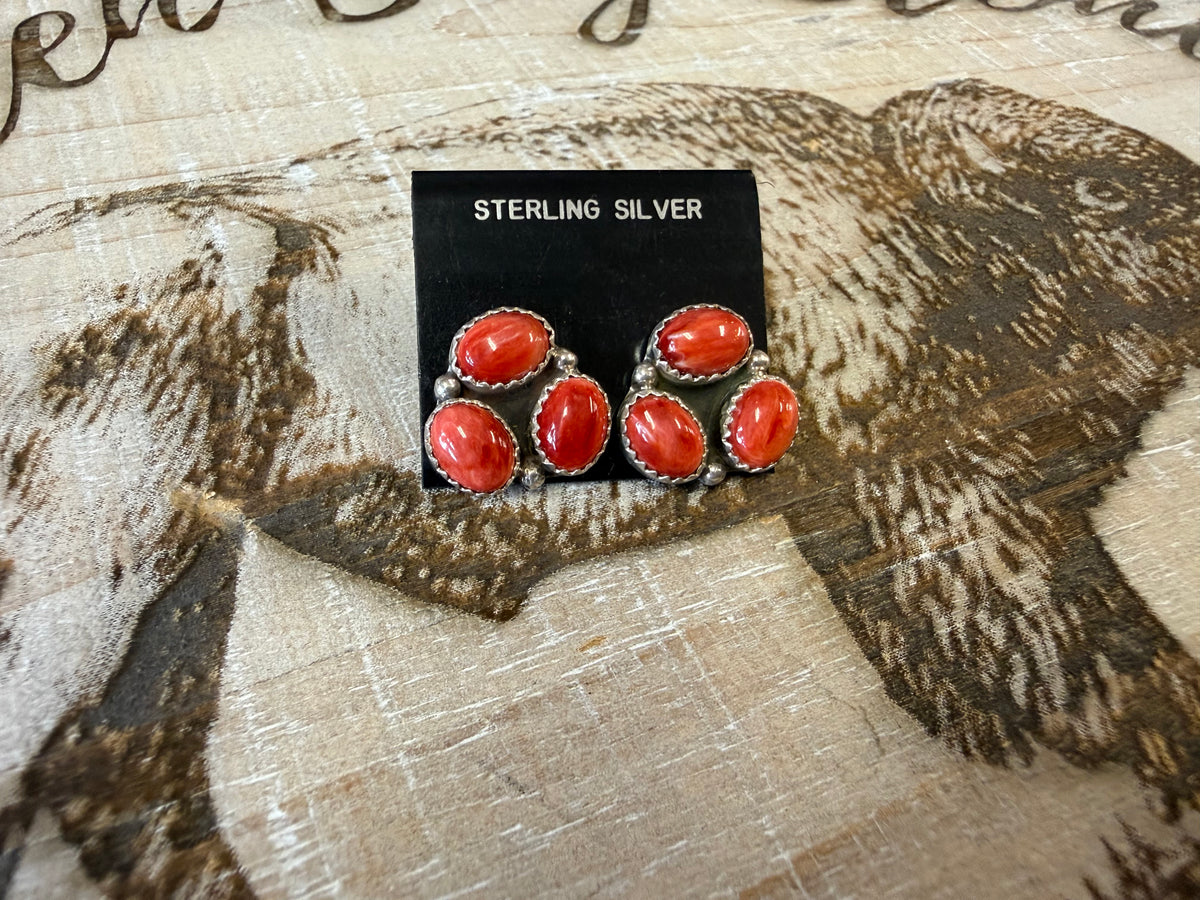 Spiny Oyster Coral Cluster Stud Earrings Sterling Silver | Orange Red Three Stone | Southwestern Handmade Jewelry