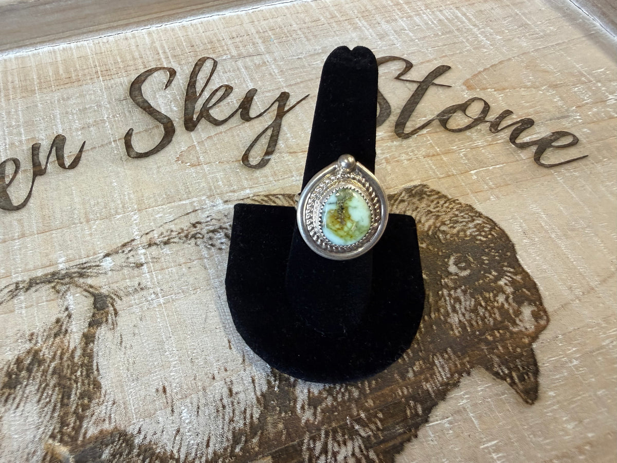 Sterling Silver Palomino Turquoise Ring Size 9, Rope Twist Bezel, Green Cream Stone with Matrix, Southwestern Teardrop Ring