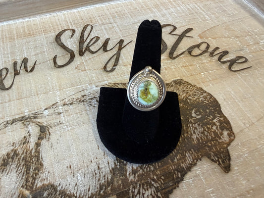 Sterling Silver Palomino Turquoise Ring Size 9, Rope Twist Bezel, Green Cream Stone with Matrix, Southwestern Teardrop Ring