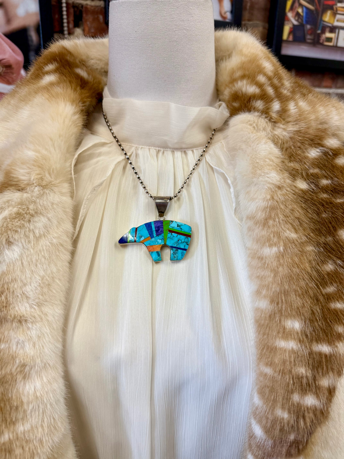 Multi Stone Inlay Bear Pendant Necklace Sterling Silver | Turquoise Lapis Coral Southwestern Fetish Jewelry