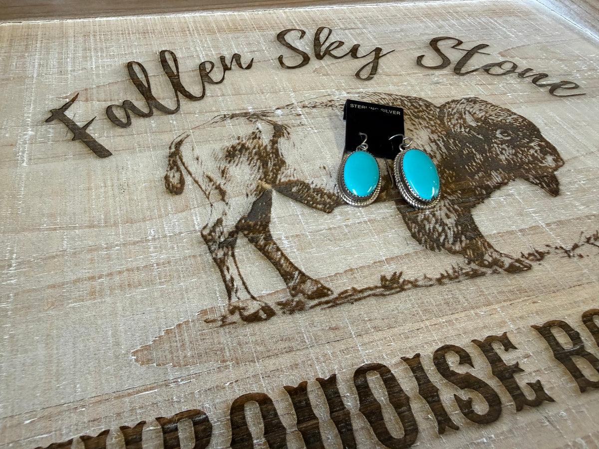 Native American Navajo Sterling Silver Turquoise Oval Dangle Earrings – Signed JB (Jennifer Begay) | Rope Edge Cabochons