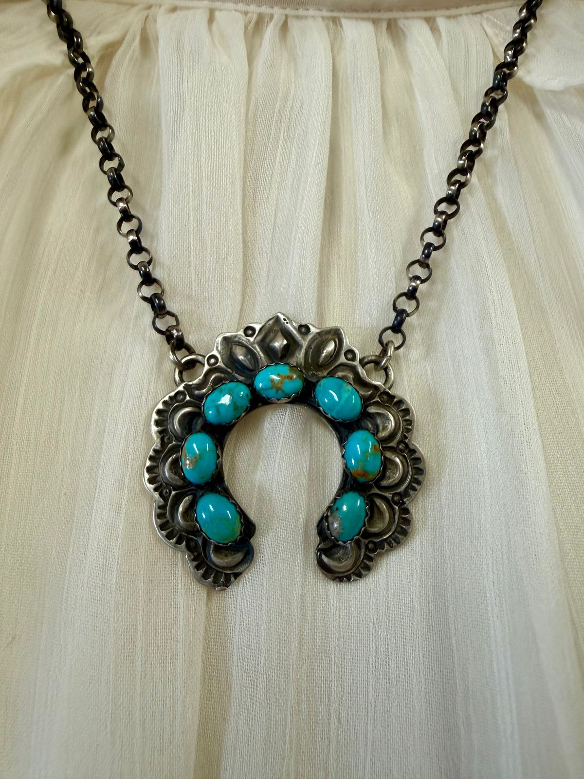 Oxidized Sterling Silver Naja Pendant Necklace | Turquoise Stones on Paperclip Chain | Handmade Navajo Style Statement Jewelry