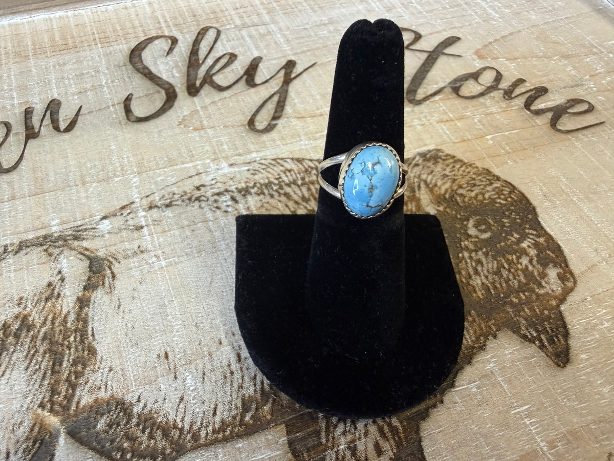 Sterling Silver Golden Hills Turquoise Ring Size 6.5, Oval Powder Blue Stone, Serrated Bezel, Split Shank Southwestern Ring