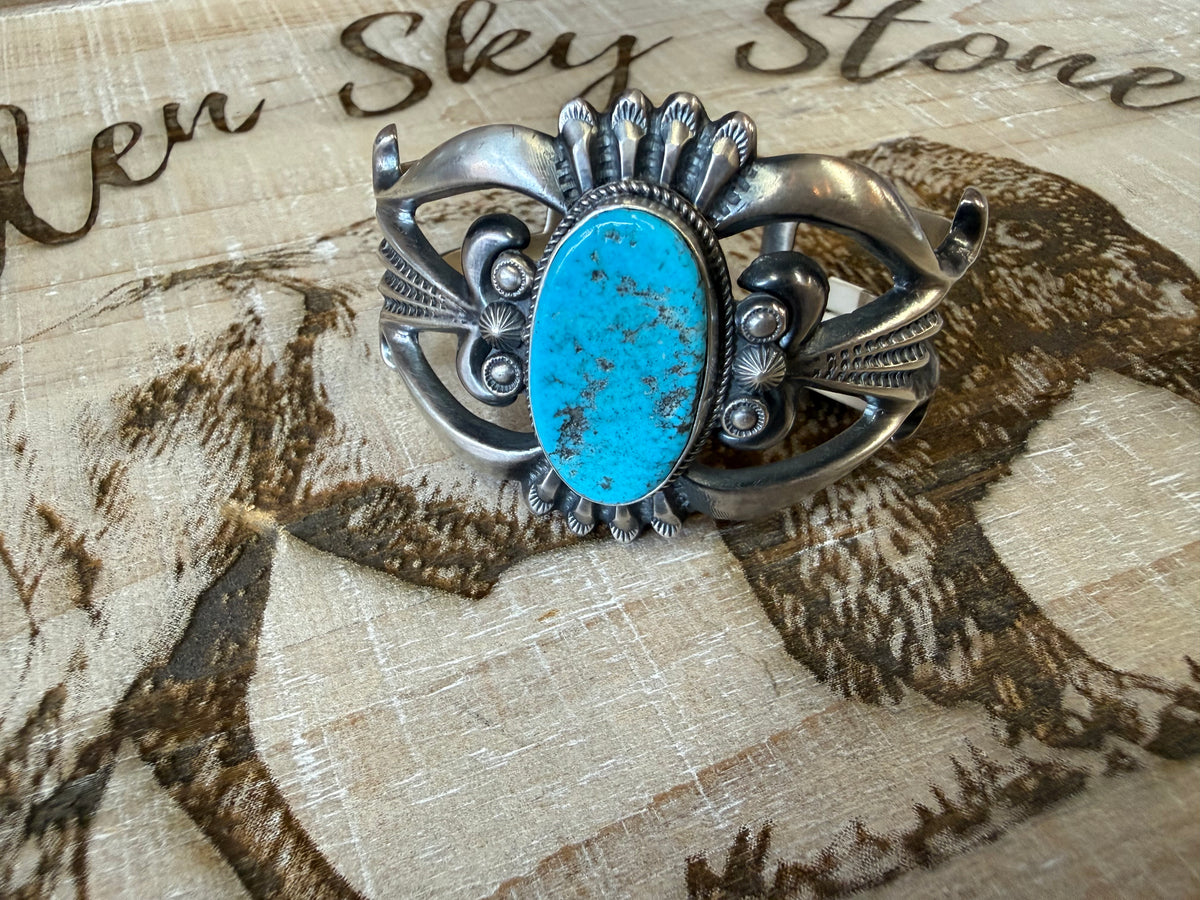 Kingman Turquoise Cuff Bracelet Sterling Silver | Navajo Handmade by Harrison Bigrove | Large Statement Southwestern Cuff