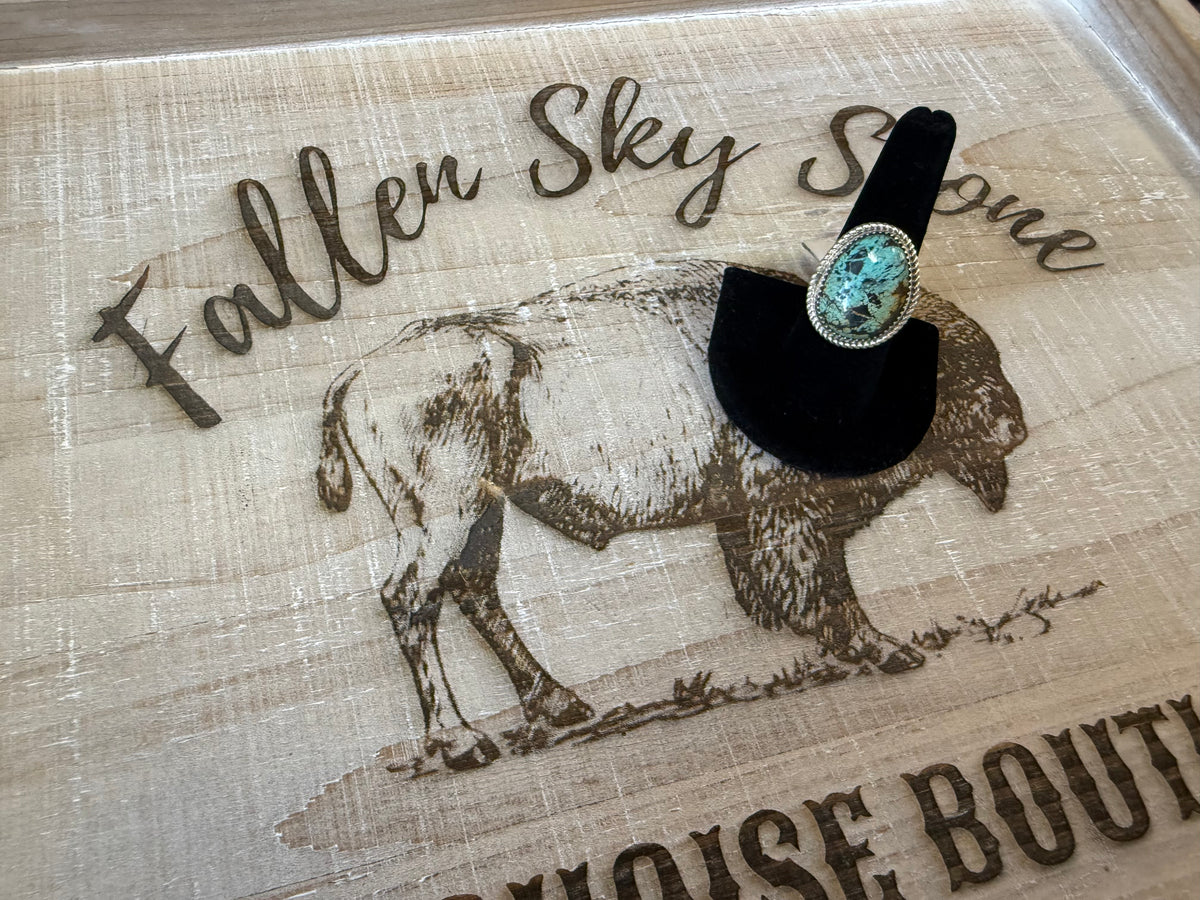 Sterling Silver Turquoise Ring Size 8, Large Oval Green Blue Spiderweb Turquoise, Rope Twist Bezel, Southwestern Statement Ring