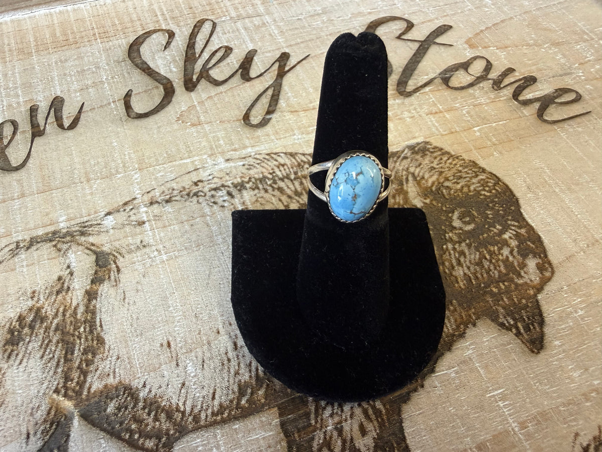 Sterling Silver Golden Hills Turquoise Ring Size 6.5, Oval Powder Blue Stone, Serrated Bezel, Split Shank Southwestern Ring