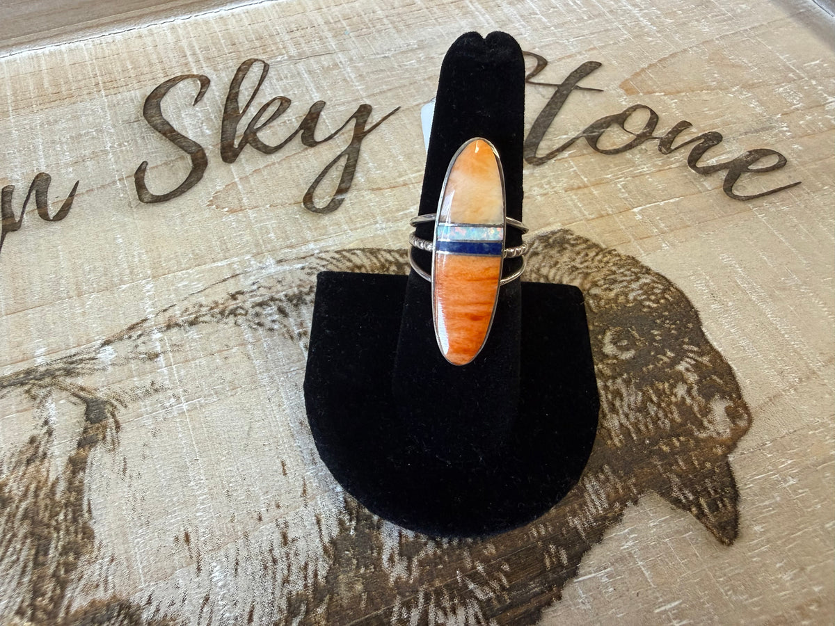 Harold Smith Sterling Silver Spiny Oyster Inlay Ring Size 7, Long Oval Orange Shell with Opal and Lapis Stripe, Southwestern Ring