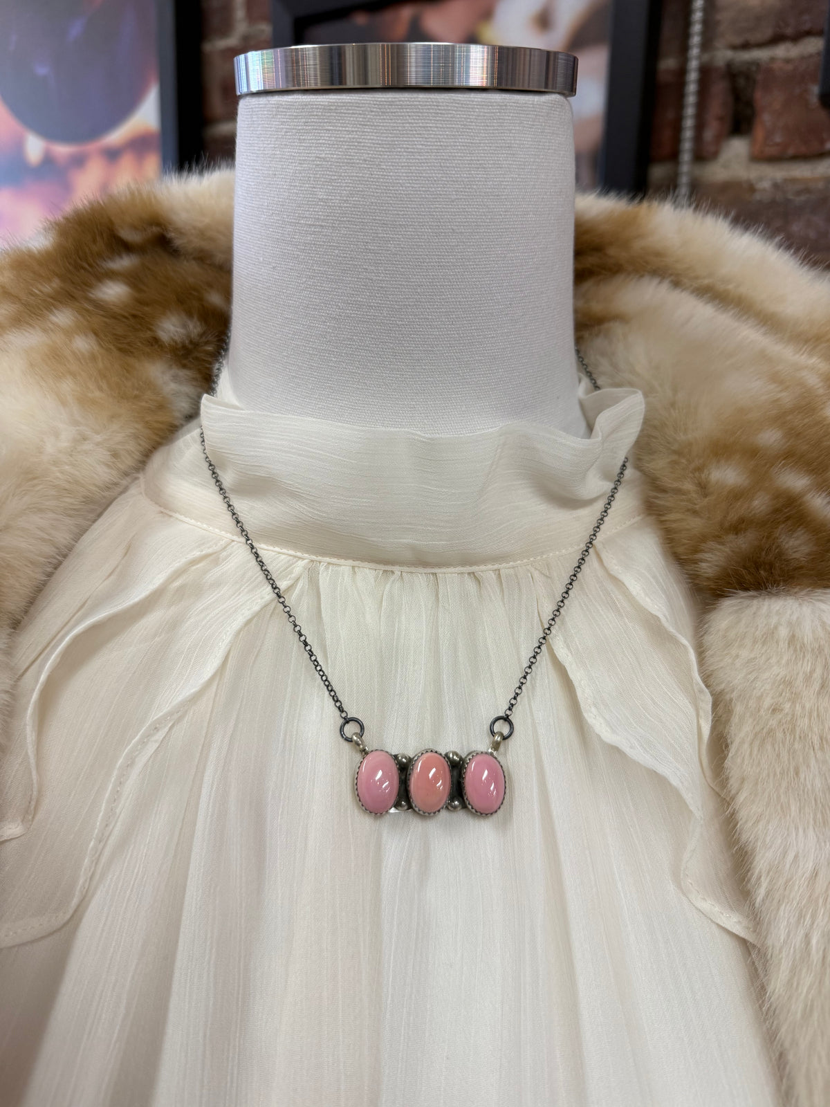Pink Conch Three Stone Pendant Necklace Sterling Silver | Navajo Handmade by Levi Hoskie | Southwestern Statement Jewelry