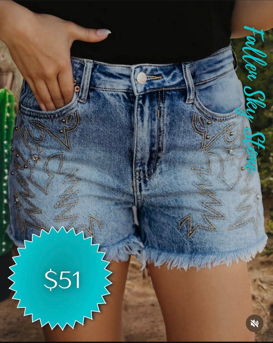 Light Wash Western Embroidered Denim Shorts with Frayed Hem