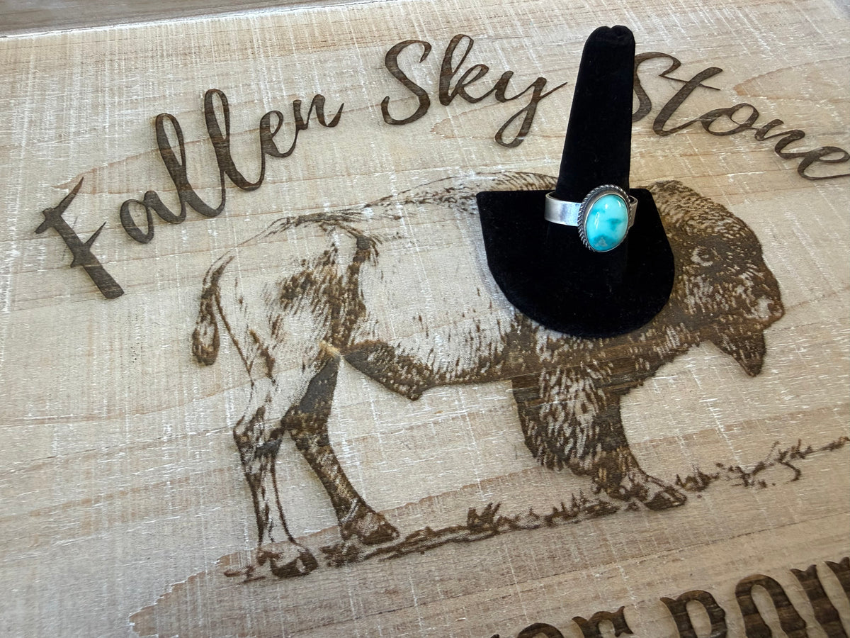 Antoinette Martinez Sterling Silver Lone Mountain Turquoise Ring Size 11, Rope Twist Bezel, Wide Band, Southwestern Ring