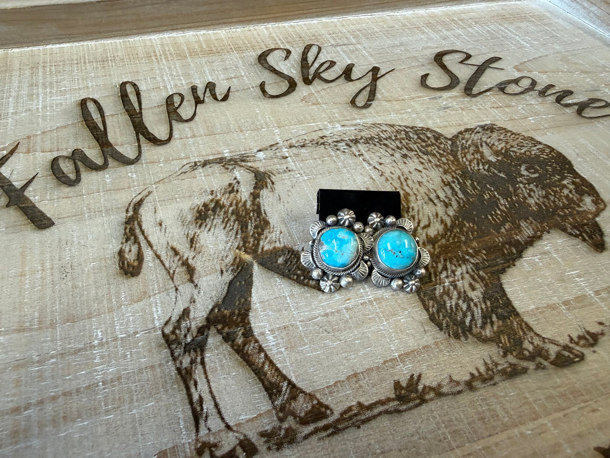 Royston Turquoise Stud Earrings Sterling Silver | Navajo Handmade Flower Bezel | Southwestern Statement Earrings