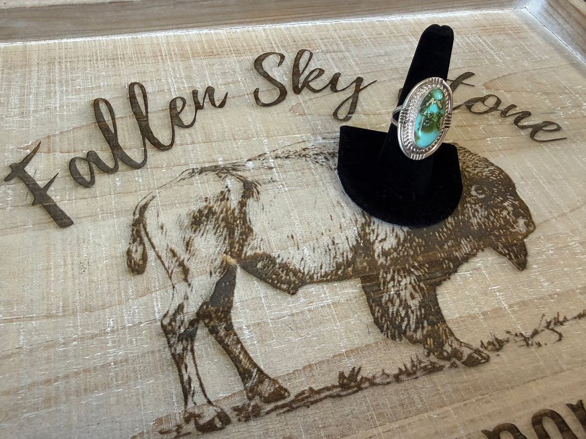 Sterling Silver Sierra Bella Turquoise Ring Size 7.5, Long Oval Green Blue Stone, Rope Twist Frame, Stamped Southwestern Ring
