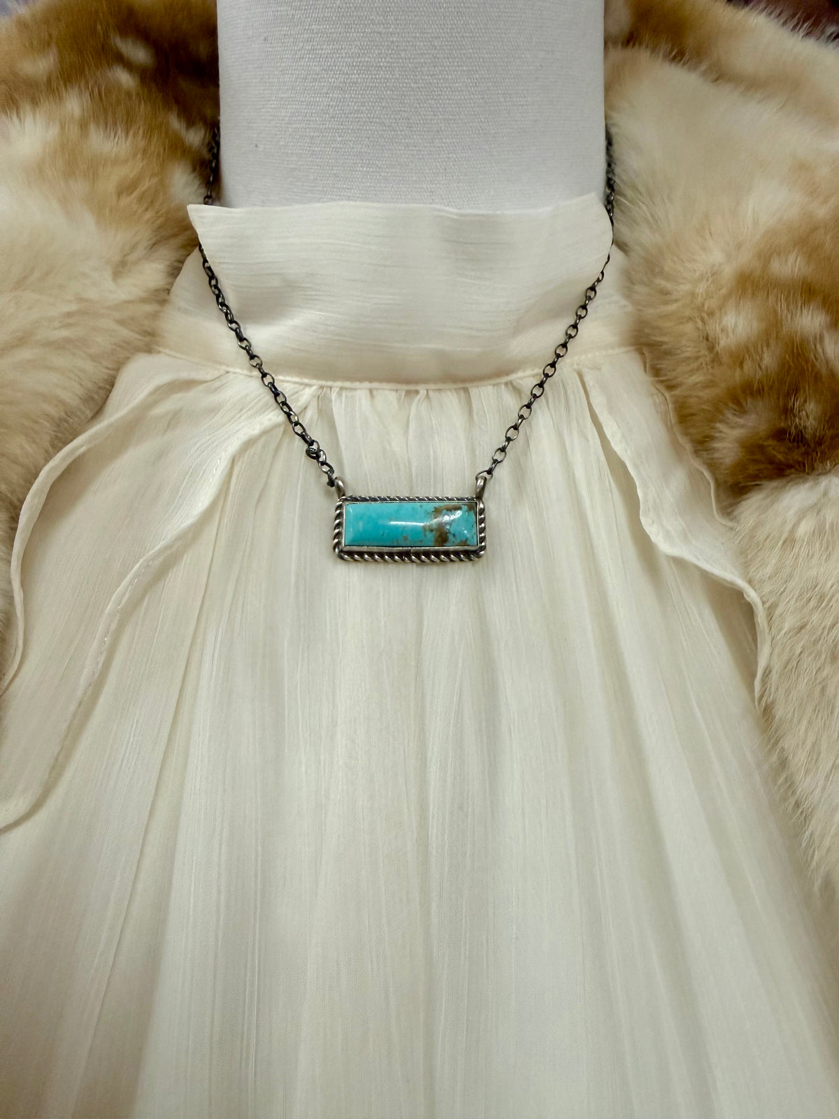 Turquoise Bar Pendant Necklace Sterling Silver | Navajo Handmade by Chassity Belone | Southwestern Statement Jewelry