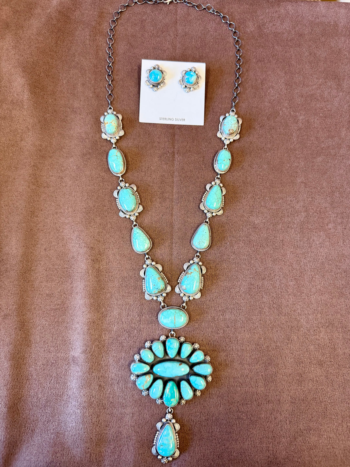 Navajo Squash Blossom Necklace Set Sterling Silver | Royston Turquoise by Eli Skeets | Handmade Statement Jewelry with Matching Earrings