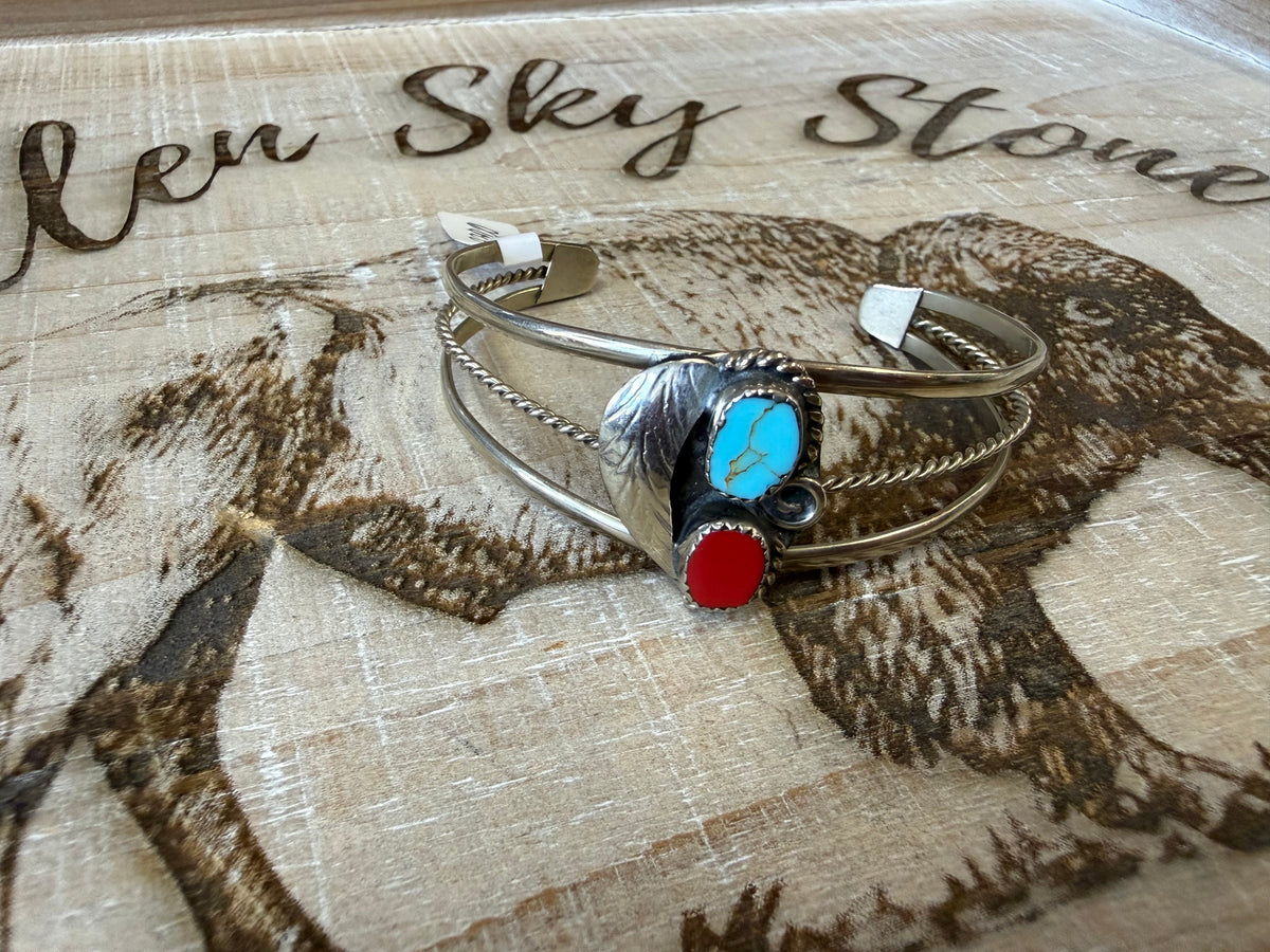 Sterling Silver Turquoise & Red Coral Cuff Bracelet, Southwestern Leaf Design, Rope Twist Cuff, Western Boho Gift for Her