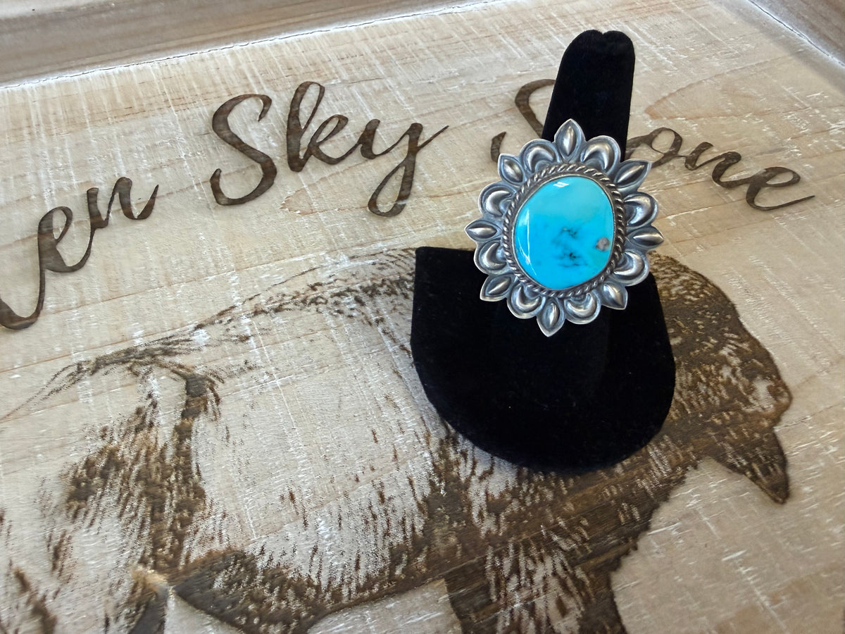 Billy Long Sterling Silver Sleeping Beauty Turquoise Ring Size 8, Large Sky Blue Stone, Repoussé Flower Frame, Southwestern Statement Ring