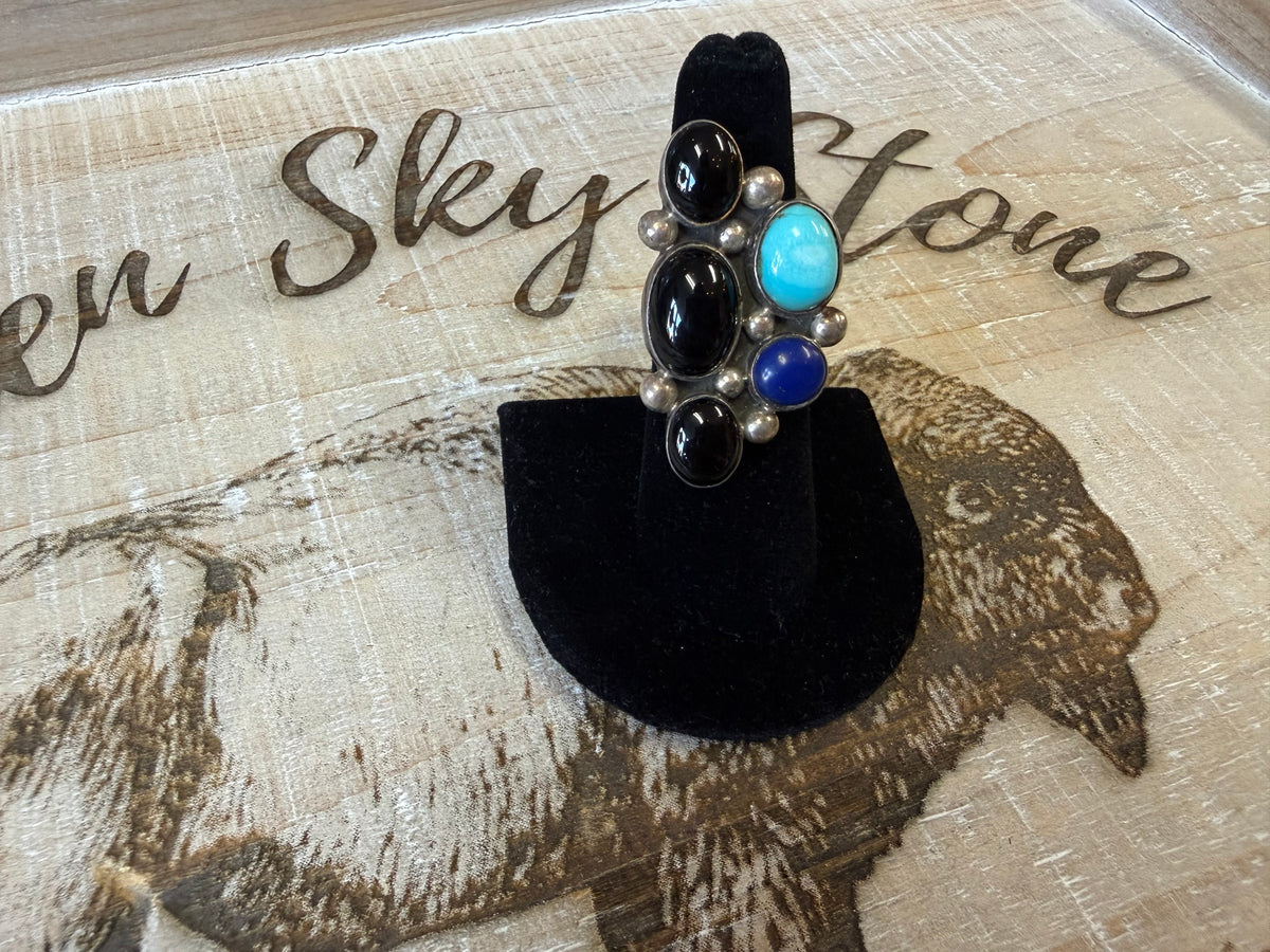 Sterling Silver Onyx Turquoise Lapis Cluster Ring Size 6, Long Multi Stone Statement Ring, Silver Bead Accents, Southwestern Ring