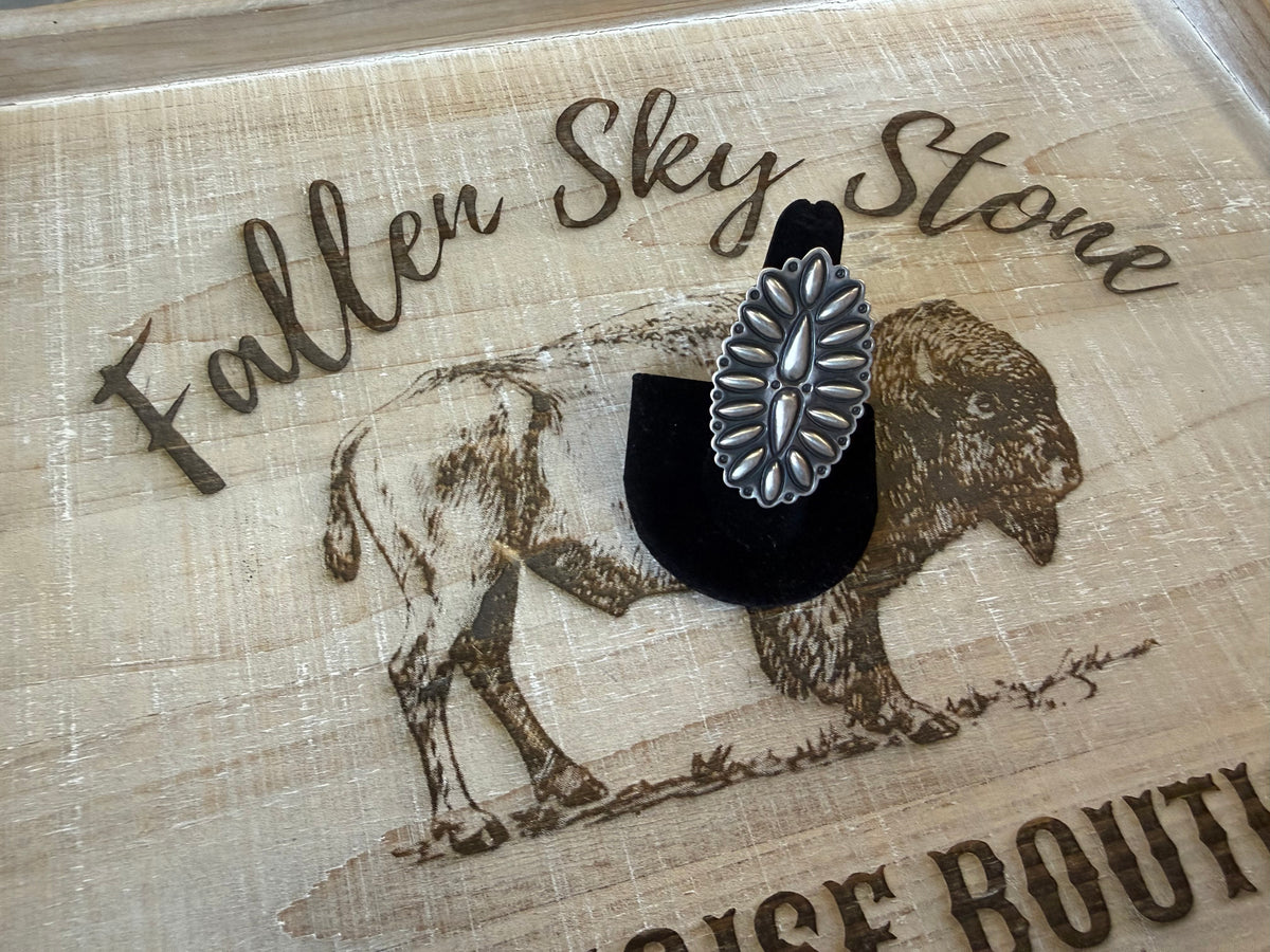 Sterling Silver Cluster Ring Size 7, Large Oval Statement Ring, Repoussé Petal Design, Oxidized Southwestern Silver Ring