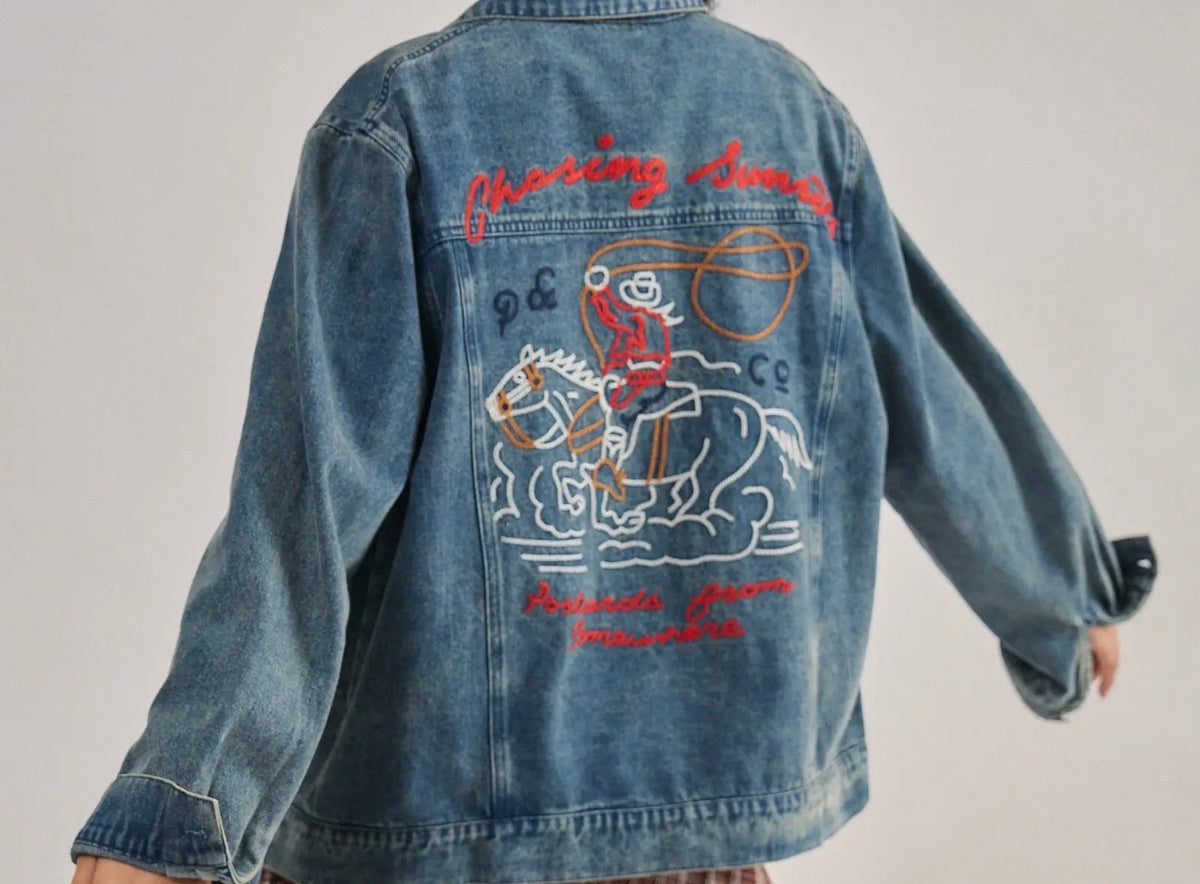 Medium Wash Denim Jacket with Embroidered Roping Cowboy Back Graphic