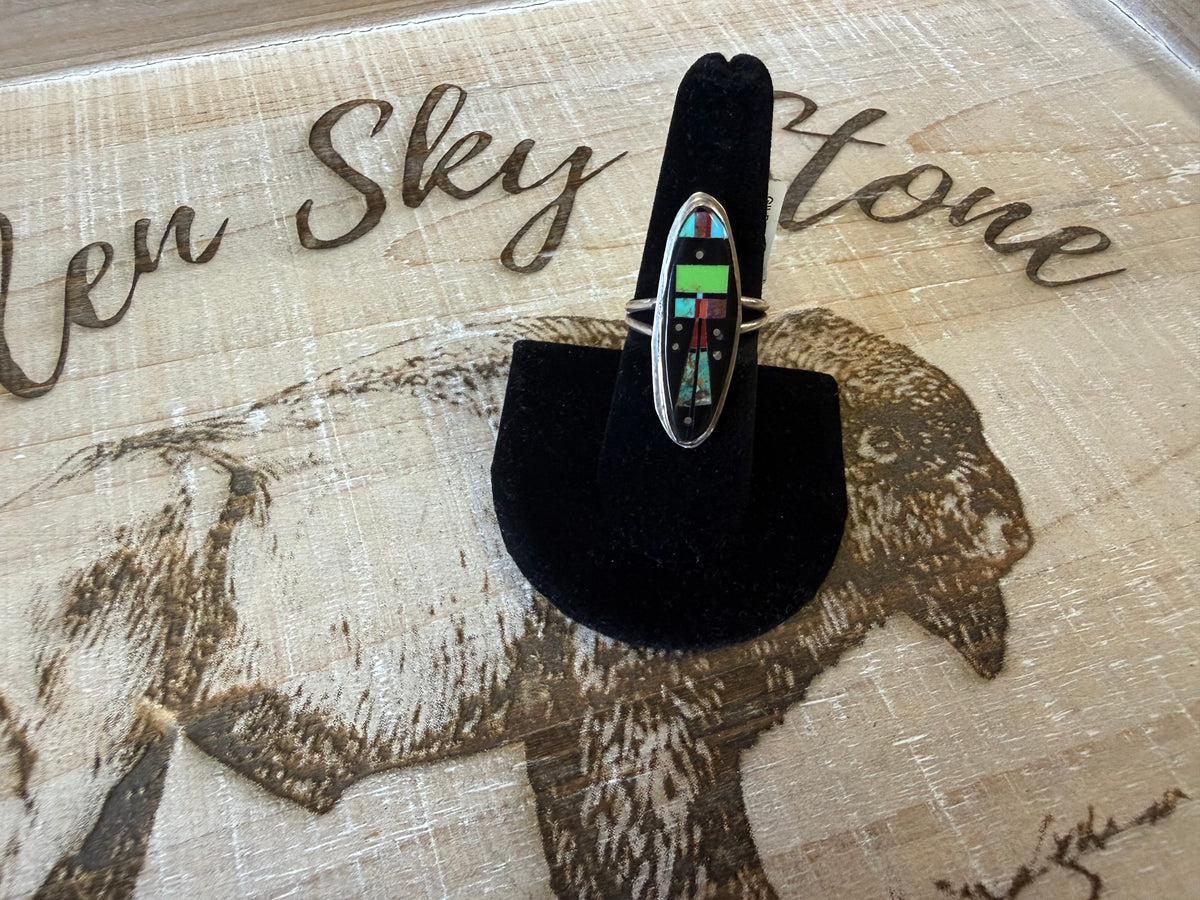 Sterling Silver Night Sky Inlay Ring Size 7.5, Long Oval Multi Stone Inlay, Turquoise Coral Black Onyx, Southwestern Ring