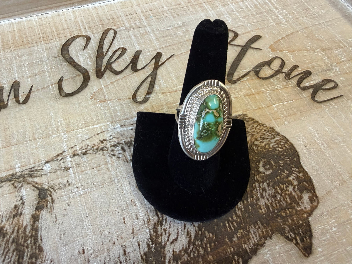 Sterling Silver Sierra Bella Turquoise Ring Size 7.5, Long Oval Green Blue Stone, Rope Twist Frame, Stamped Southwestern Ring