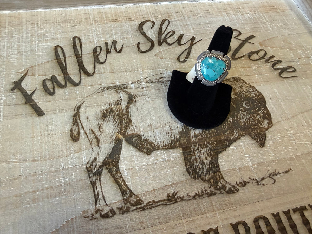 Sterling Silver Turquoise Ring Size 6.5, Large Rope Twist Bezel, Notched Silver Frame, Southwestern Statement Ring, Gift for Her