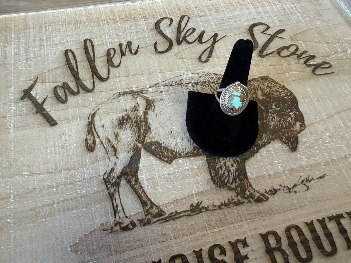 Sterling Silver Royston Turquoise Ring Size 8.5, Oval Turquoise with Brown Matrix, Rope Twist Bezel, Split Shank Southwestern Ring