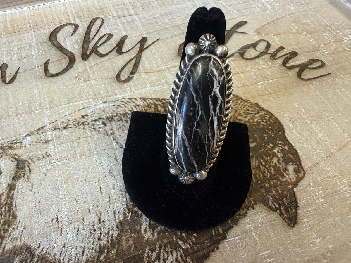 Sterling Silver White Buffalo Ring Size 8, Long Oval Black & White Stone, Rope Twist Bezel, Southwestern Statement Ring