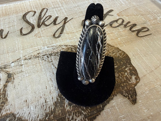 Sterling Silver White Buffalo Ring Size 8, Long Oval Black & White Stone, Rope Twist Bezel, Southwestern Statement Ring