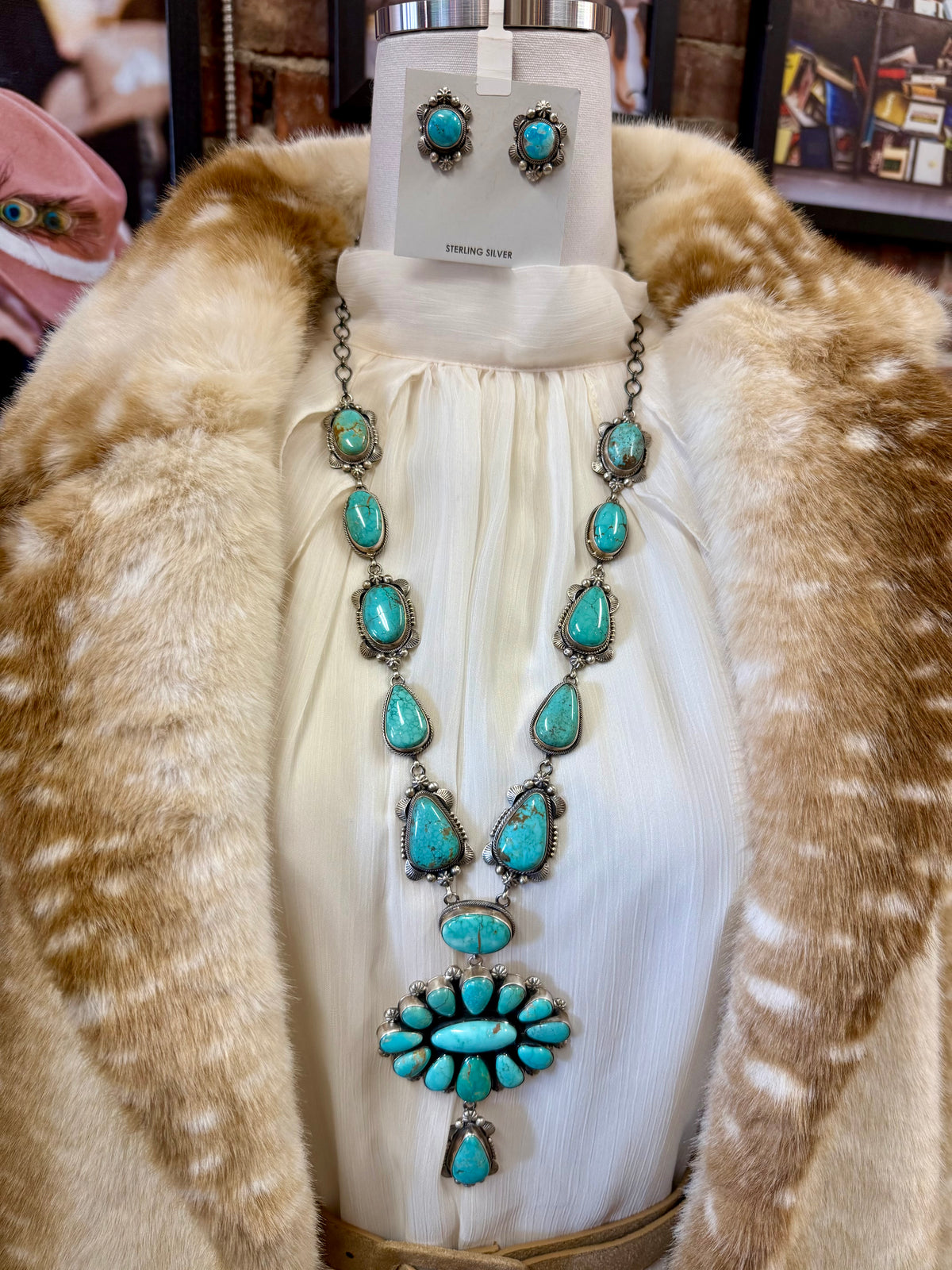 Navajo Squash Blossom Necklace Set Sterling Silver | Royston Turquoise by Eli Skeets | Handmade Statement Jewelry with Matching Earrings