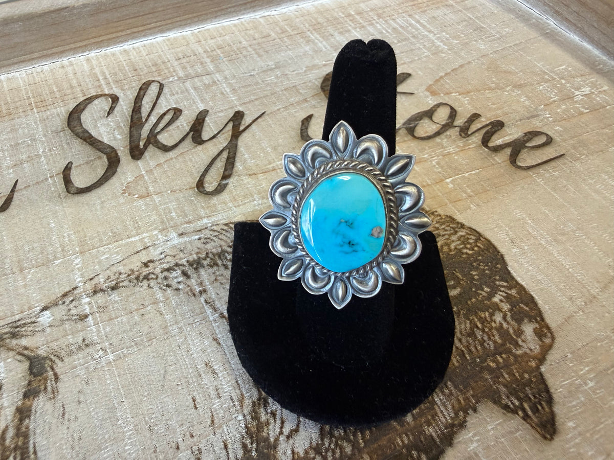 Billy Long Sterling Silver Sleeping Beauty Turquoise Ring Size 8, Large Sky Blue Stone, Repoussé Flower Frame, Southwestern Statement Ring