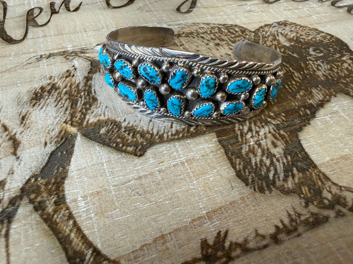 Sterling Silver Turquoise Cluster Cuff Bracelet, Two Row Nugget Turquoise, Rope Twist & Feather Stamped Edge, Southwestern Gift