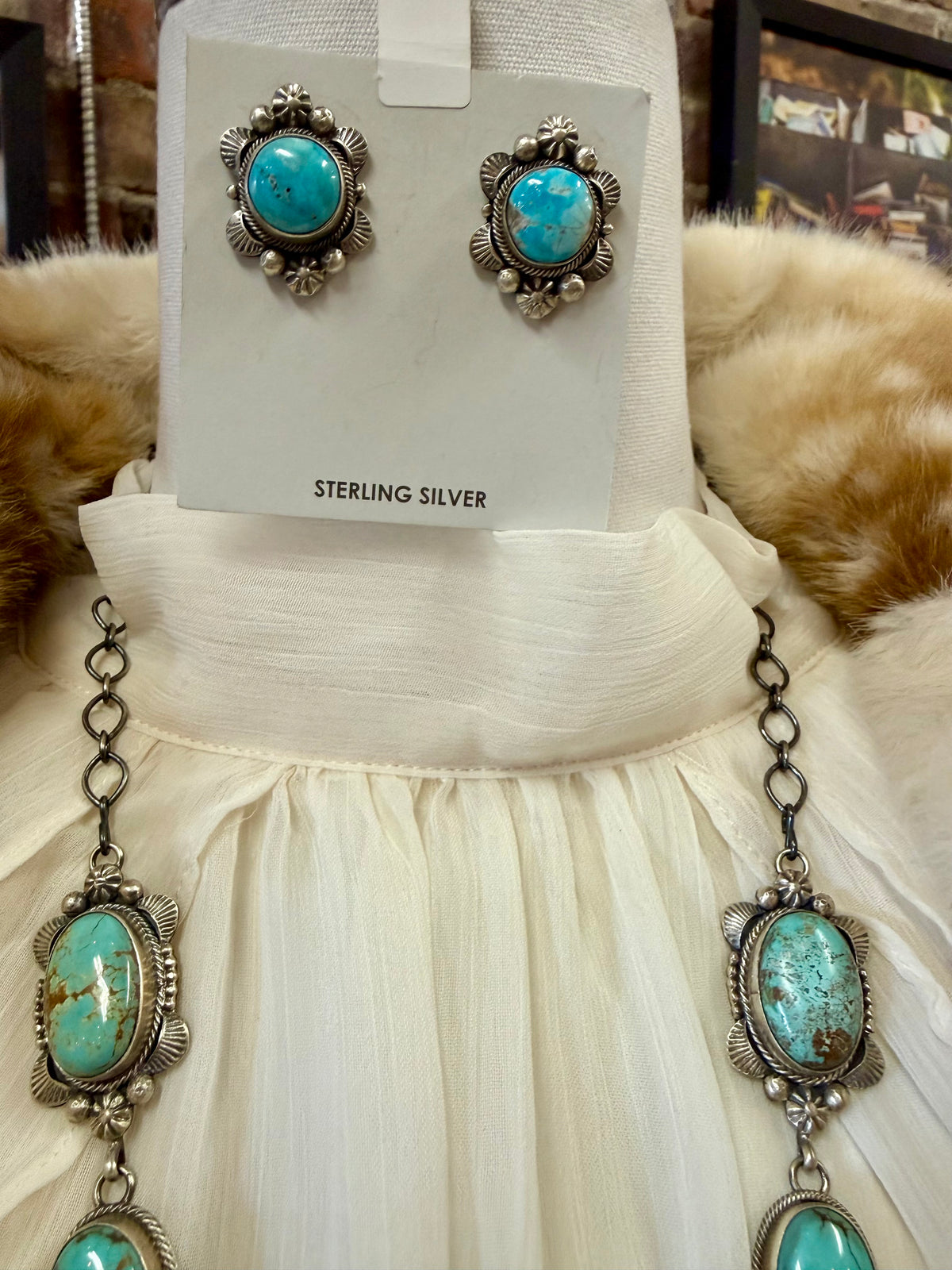 Navajo Squash Blossom Necklace Set Sterling Silver | Royston Turquoise by Eli Skeets | Handmade Statement Jewelry with Matching Earrings