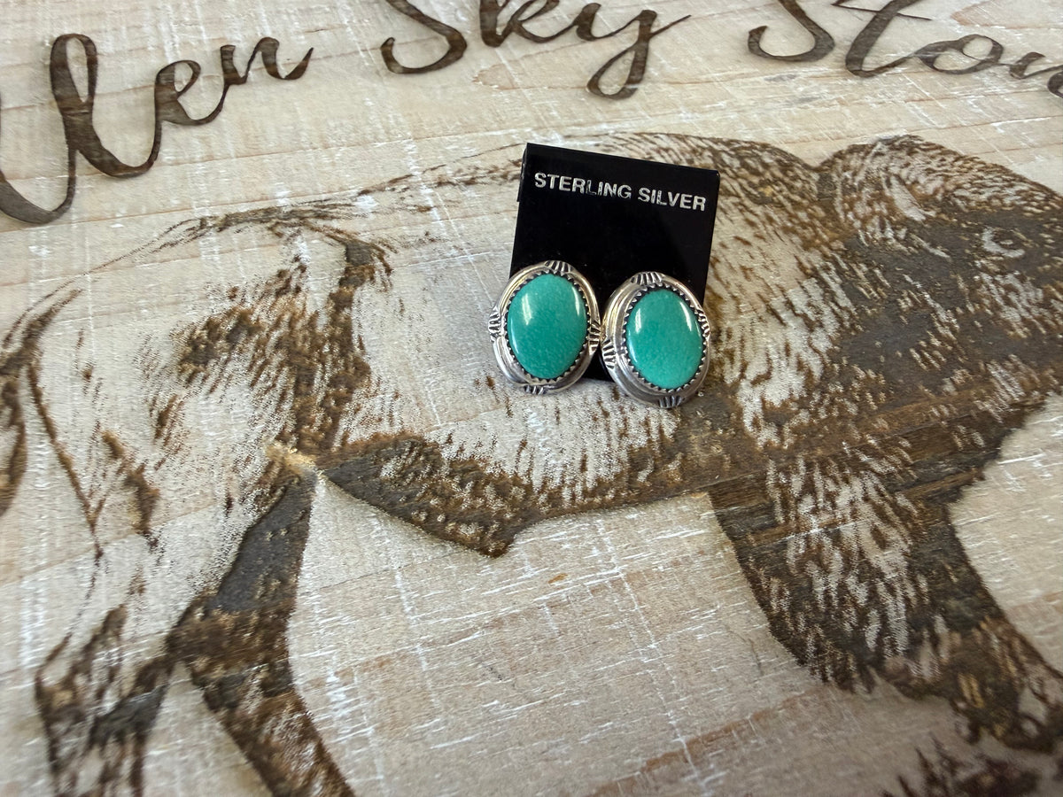 Turquoise Stud Earrings Sterling Silver | Oval Cabochon Post Earrings | Southwestern Handmade Jewelry