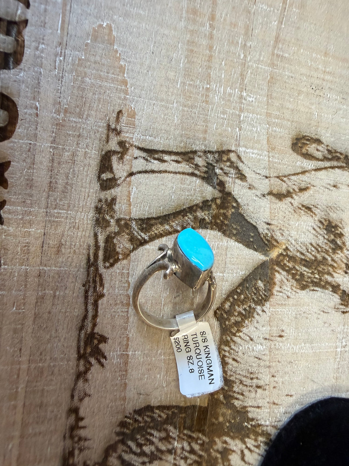 Larry Castilo Navajo Handmade Sterling Silver Kingman Turquoise Ring Size 8, Marquise Sky Blue Stone, Split Shank Southwestern Ring