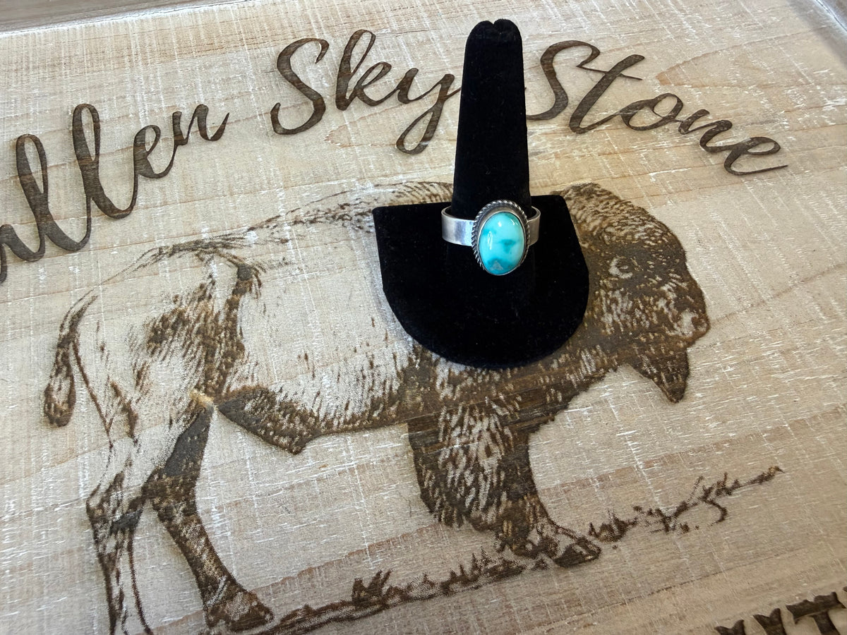 Antoinette Martinez Sterling Silver Lone Mountain Turquoise Ring Size 11, Rope Twist Bezel, Wide Band, Southwestern Ring