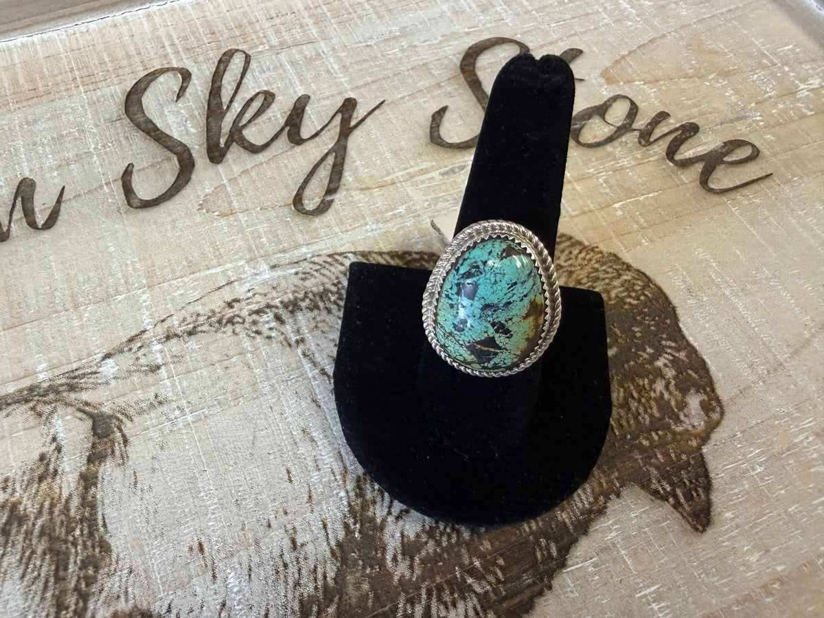 Sterling Silver Turquoise Ring Size 8, Large Oval Green Blue Spiderweb Turquoise, Rope Twist Bezel, Southwestern Statement Ring