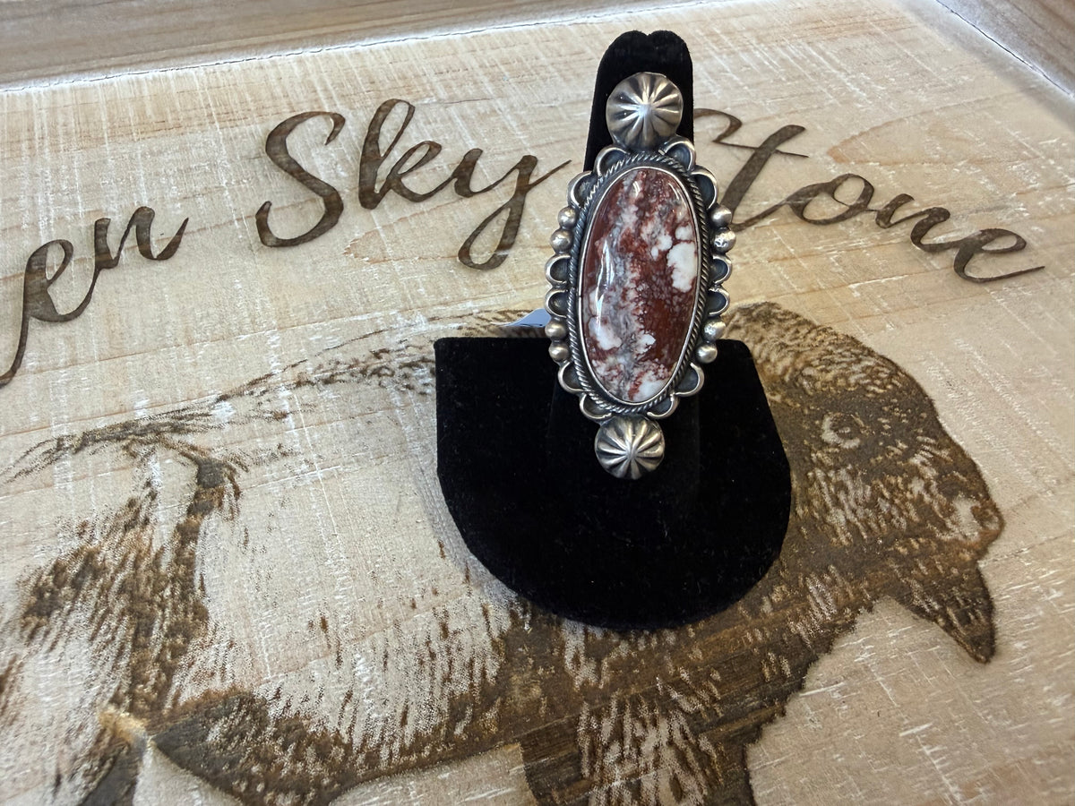 Wild Horse Long Oval Ring Sterling Silver | Large Cabochon with Scalloped Bezel | Southwestern Statement Ring | Size 8