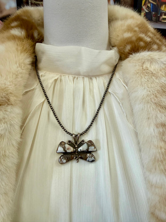Wild Horse Butterfly Pendant Necklace Sterling Silver | Navajo Pearl Chain Southwestern Statement Jewelry
