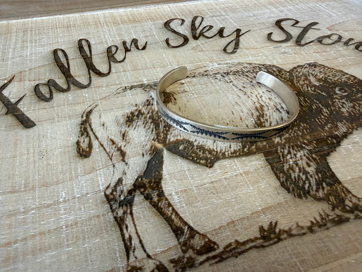 J. Tahe Sterling Silver Stamped Cuff Bracelet, Hand Stamped Southwestern Design, Minimalist Stackable Silver Cuff, Unisex Gift