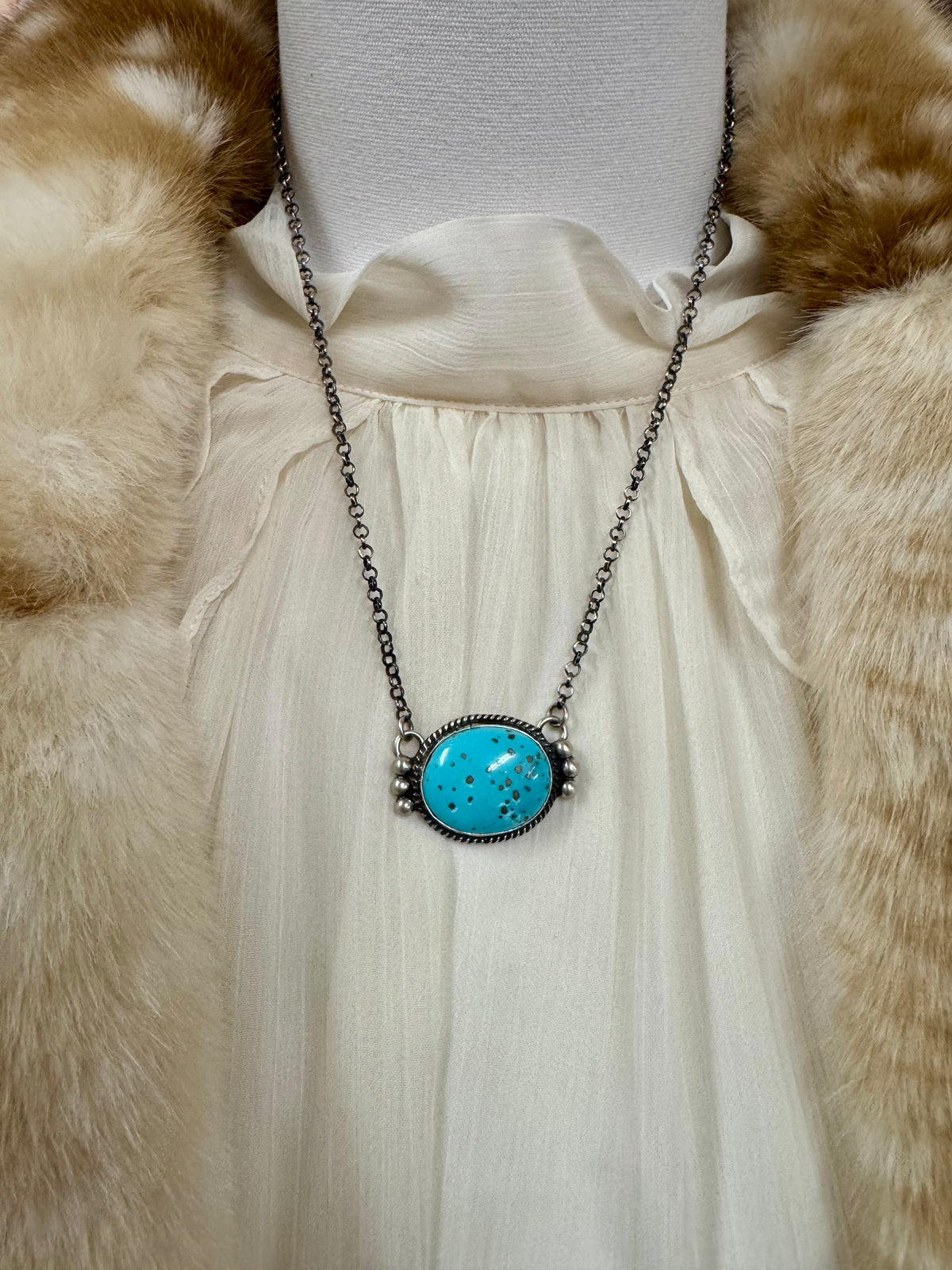 Turquoise Pendant Necklace Sterling Silver | Round Cabochon with Twisted Wire Bezel | Southwestern Statement Jewelry