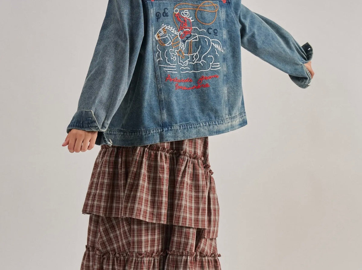 Medium Wash Denim Jacket with Embroidered Roping Cowboy Back Graphic